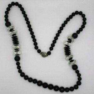 Vintage Black Clear Acrylic Beaded Long Necklace Box Clasp‎ 14" Silver Tone
